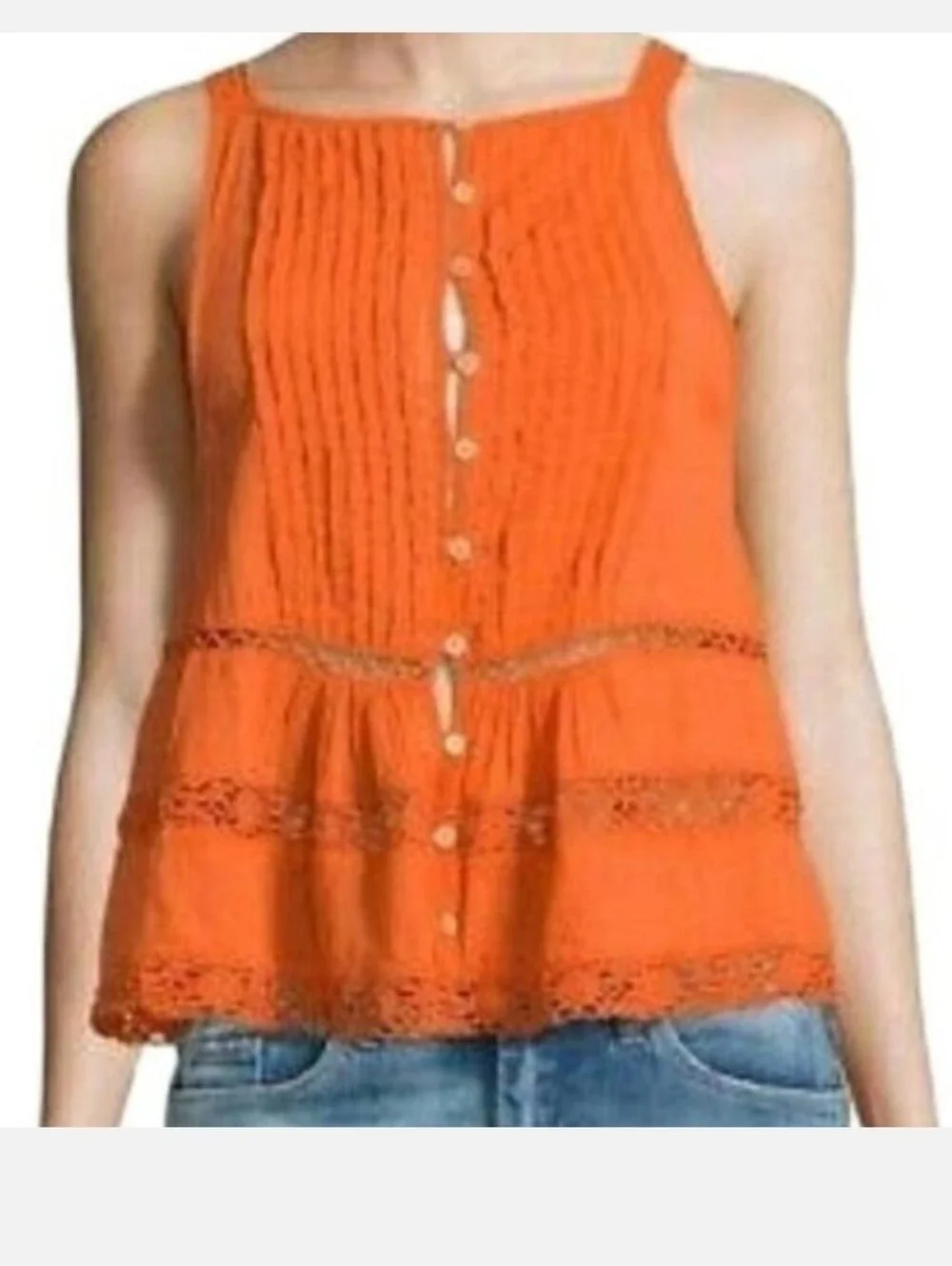 Free People Firecracker Orange Crush Lace-Trim Peplum Tank Medium